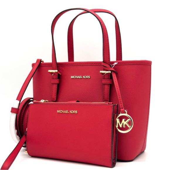 Michael Kors Jet Set Travel Extra-Small Top Zip Tote Bag & Double Zip Wallet Red - Picture 1 of 12